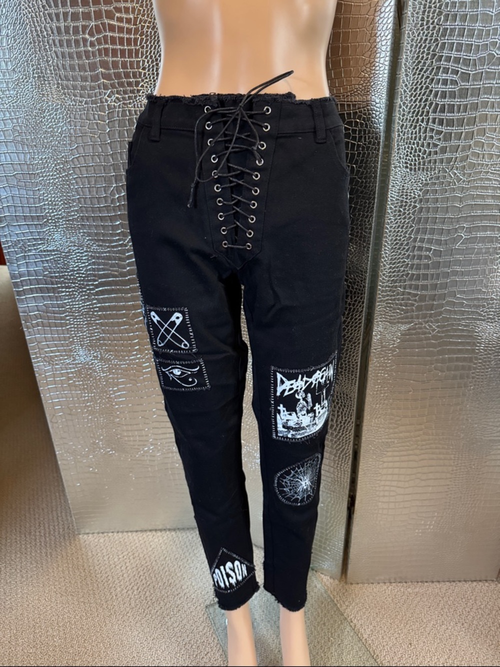 Black Lace-Up Patchwork Skinny Jeans